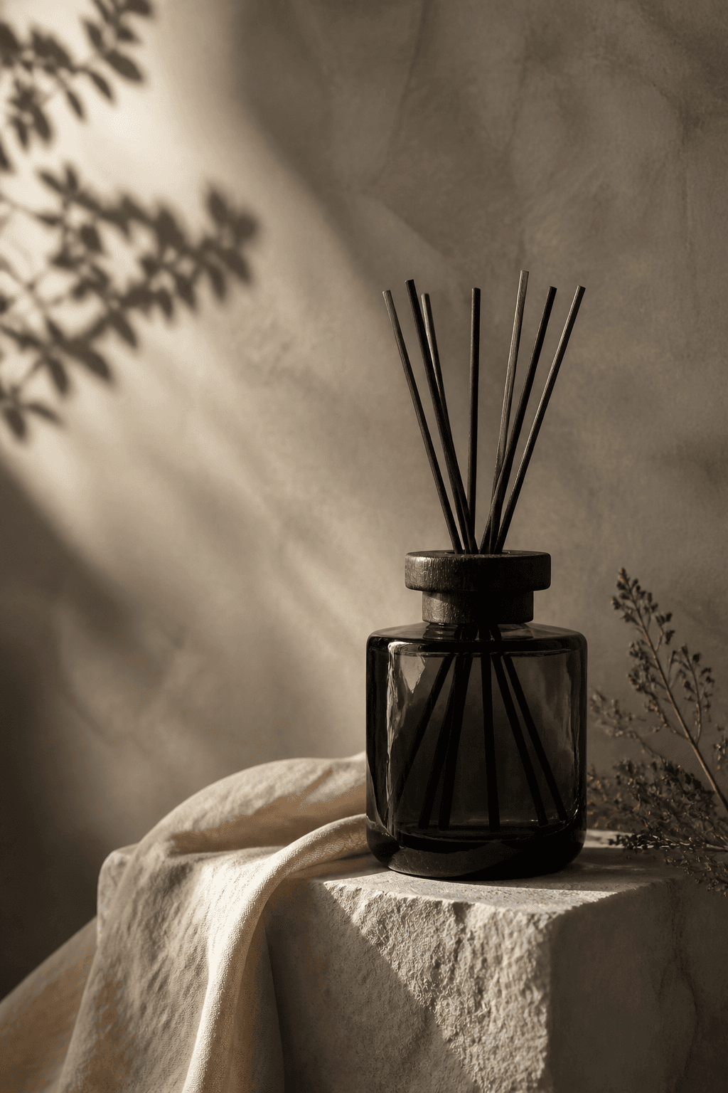 A dark glass reed diffuser styled on stone and linen
