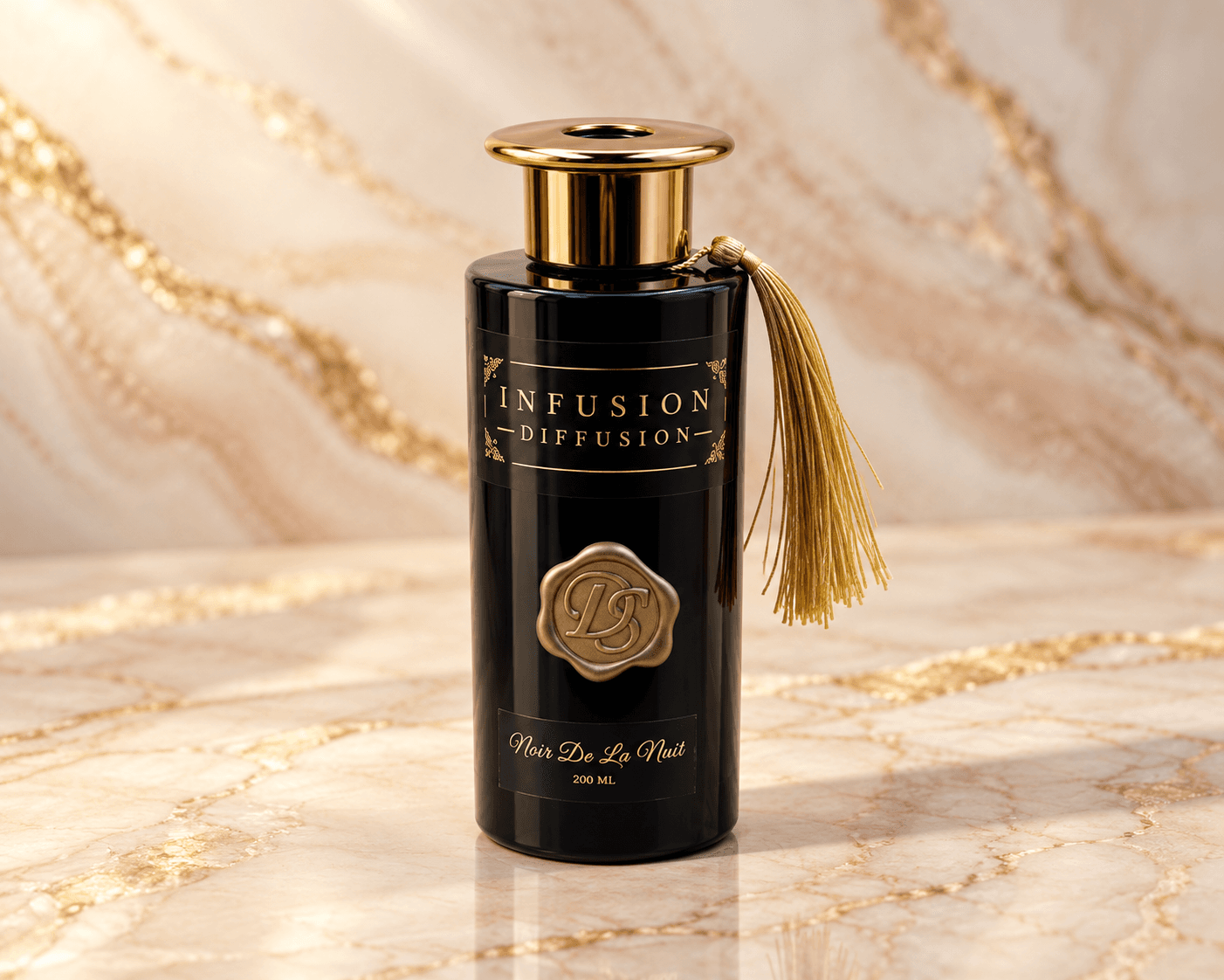 Noir De La Nuit black diffuser bottle with a gold collar, seal and tassel on ivory and blush marble with gold veining.